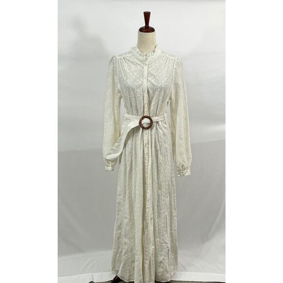 SEZANE Sz 40 8 Ecru Havane Eyelet Belted Maxi Shirt Dress - Picture 9 of 11